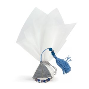 Μπομπονιέρα για αγόρι, μεταλλικό καραβάκι με σιελ φούντα και χάντρες