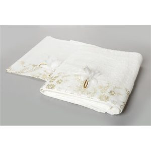 Εκρού λαδόπανο με μεγάλη φάσα χρυσή δαντέλα με ραμμένο λουλούδι (6 τεμ)